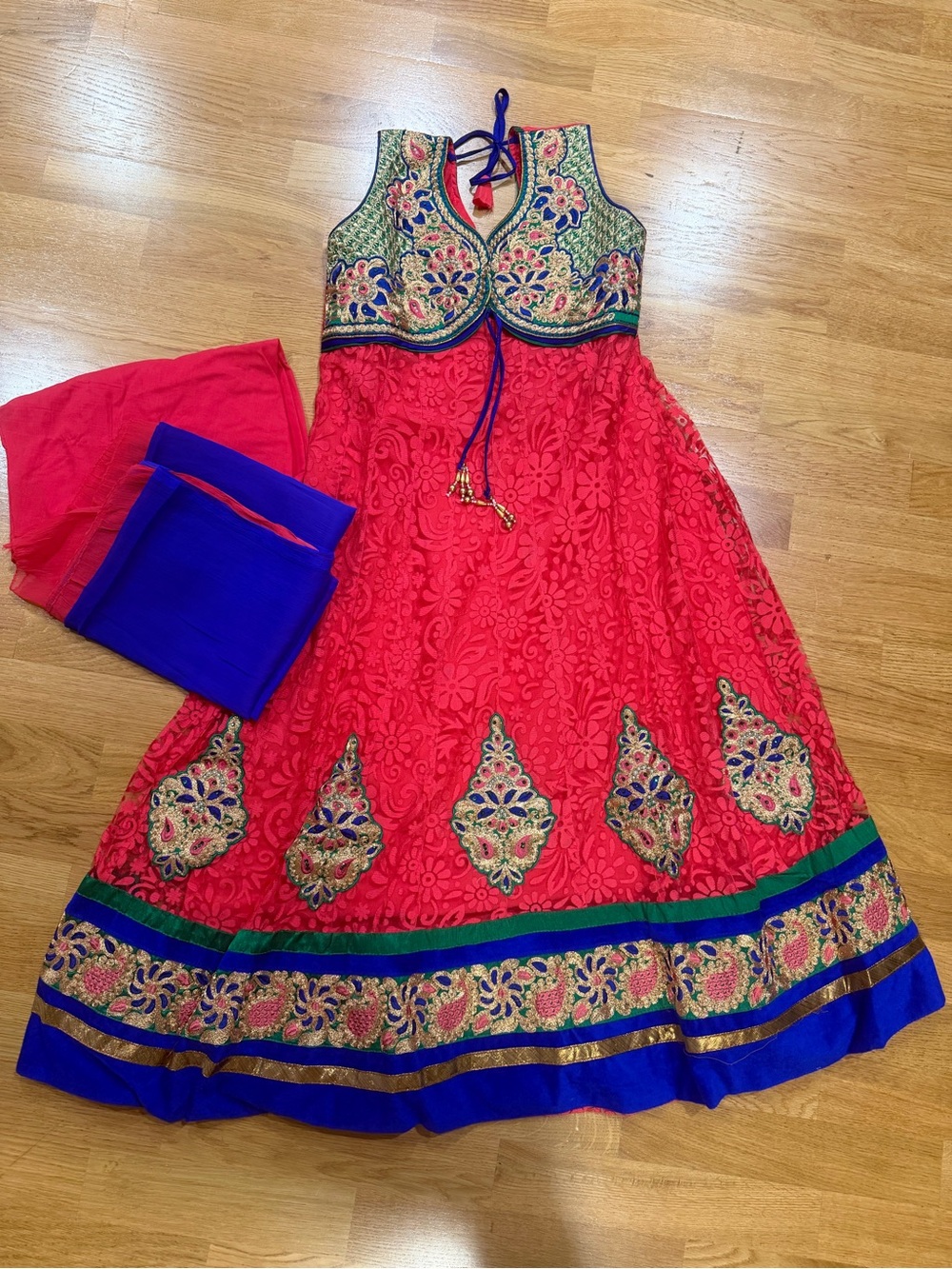 Vibrant Red & Royal Blue Embroidered Anarkali Dress
